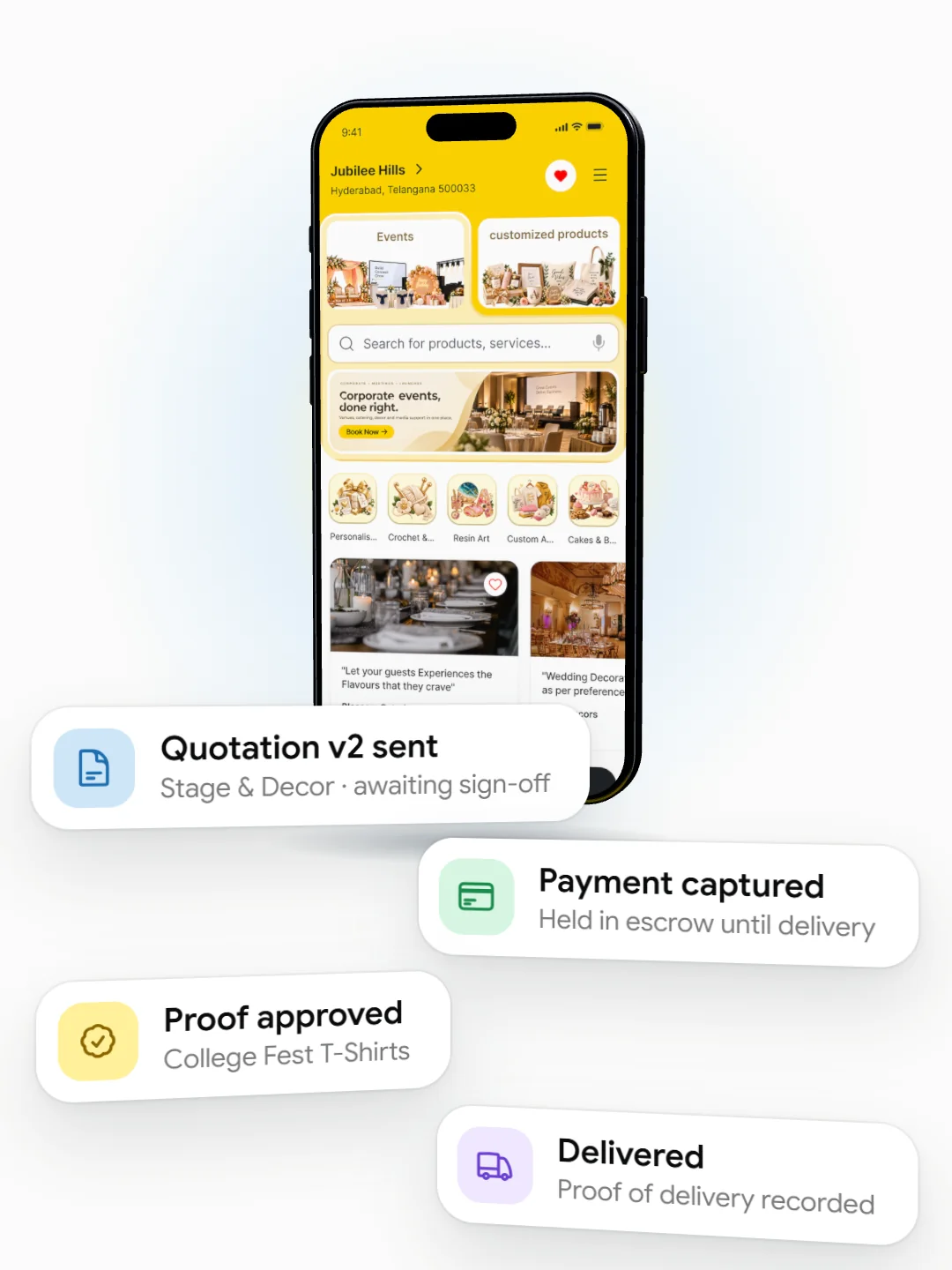 The Dudestrap app on a phone, with order updates beside it: quotation v2 sent, payment captured and held in escrow, production proof approved, delivered with proof of delivery.